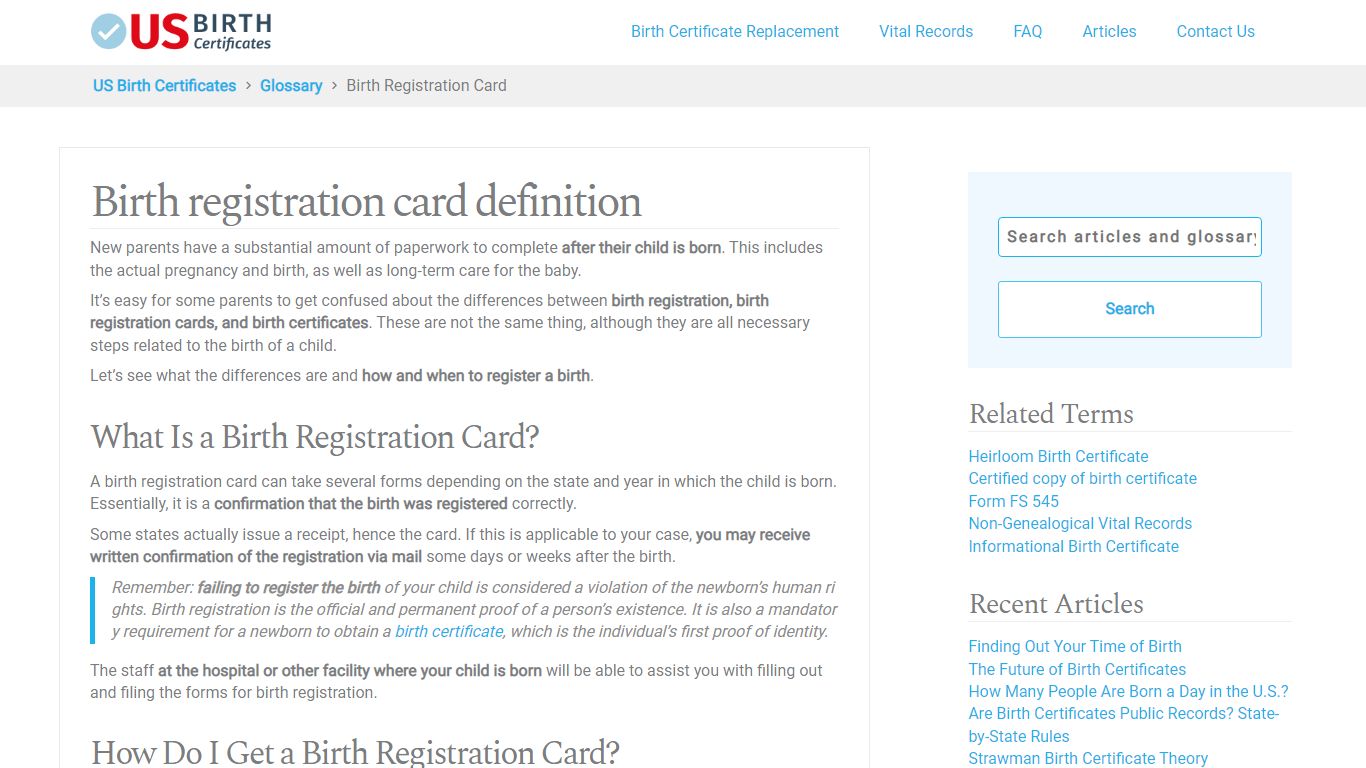 Birth Registration Card a Definition - US Birth Certificates